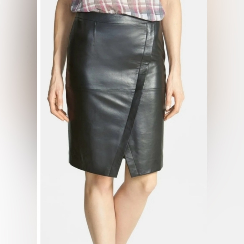 Nordstrom Halogen Genuine Leather Pencil Faux Wrap Tulip Skirt Petite 4